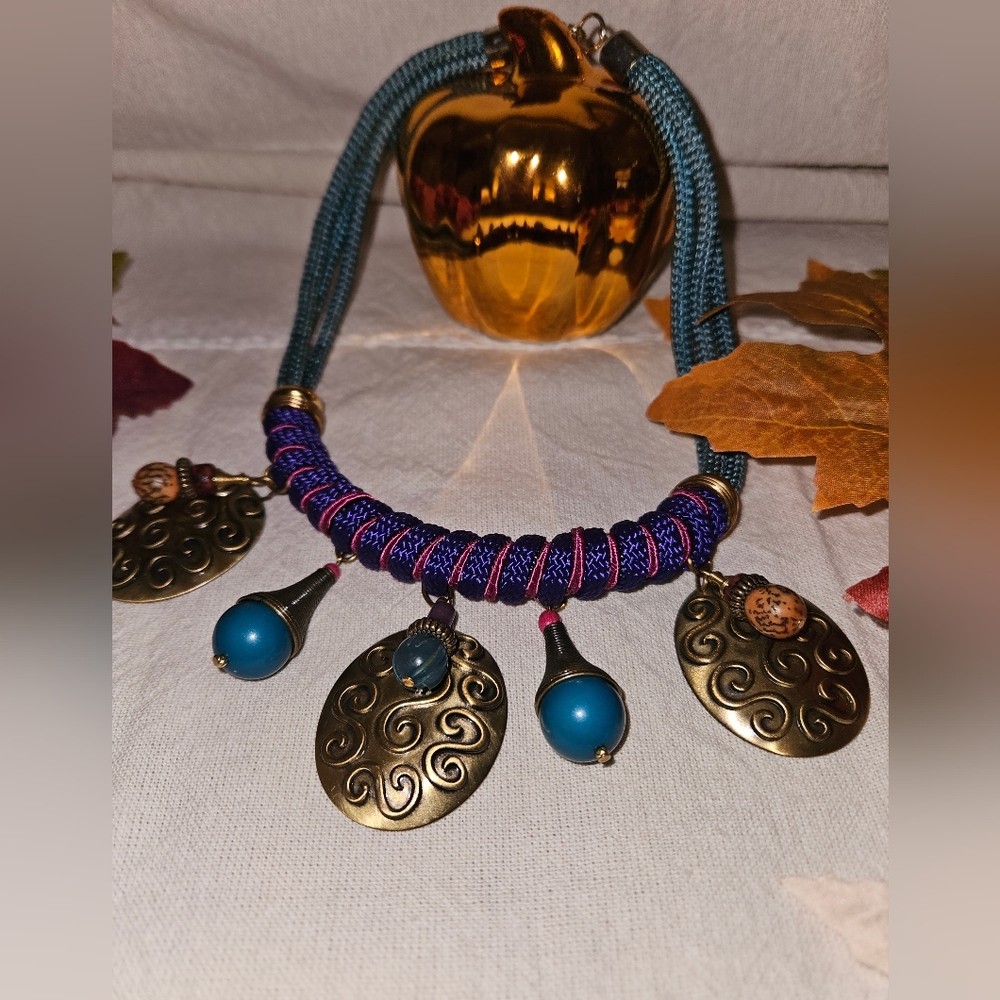 Necklace teal/purple/pink with brushed gold beads/pendants